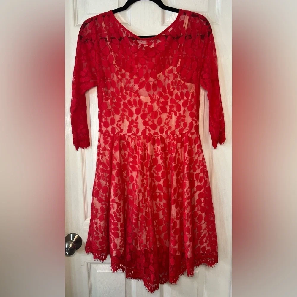 Free People Red Lace Dress With White Slip‎ Size 8
